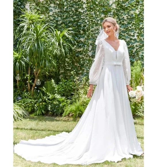 lantern sleeve chiffon dress Plus Surplice Neck Lantern Sleeves Chiffon Formal Mermaid Dress Elonnashop